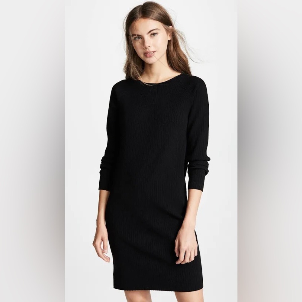 Vince Black Ribbed Knit Sweater Merino Wool Long Sleeve  Dress